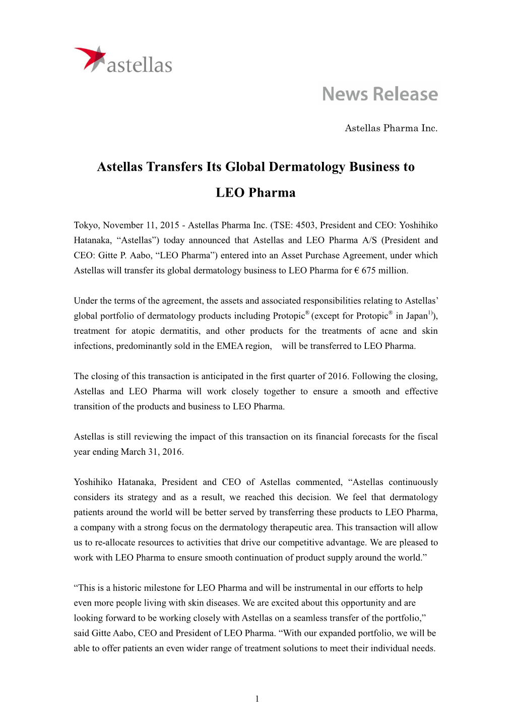 Astellas Transfers Its Global Dermatology Business to LEO Pharma