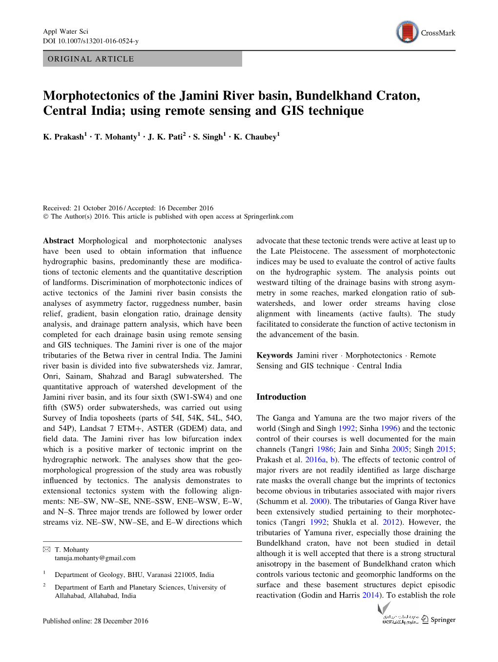 Morphotectonics of the Jamini River Basin, Bundelkhand Craton, Central India; Using Remote Sensing and GIS Technique