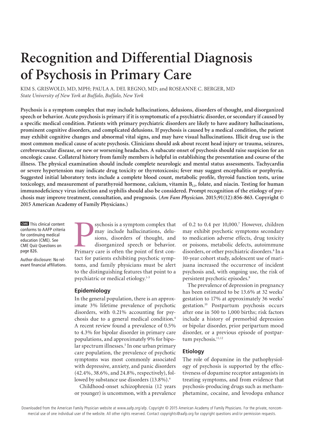 Recognition and Differential Diagnosis of Psychosis in Primary Care KIM S