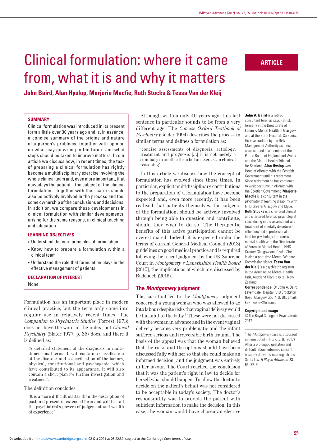 Clinical Formulation: Where It Came ARTICLE From, What It Is and Why It Matters John Baird, Alan Hyslop, Marjorie Macfie, Ruth Stocks & Tessa Van Der Kleij