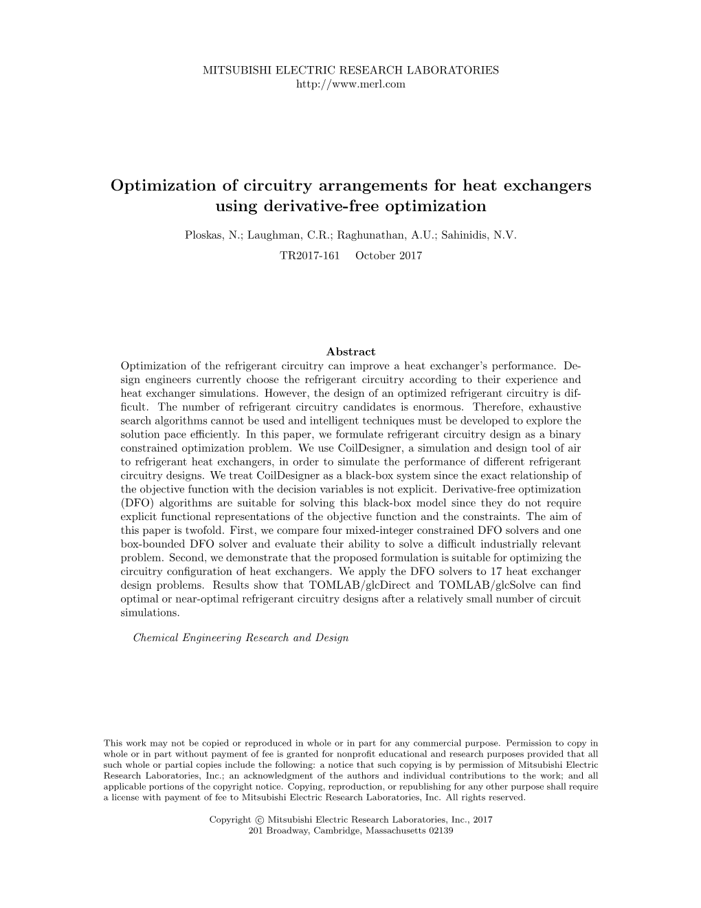 Optimization of Circuitry Arrangements for Heat Exchangers Using Derivative-Free Optimization