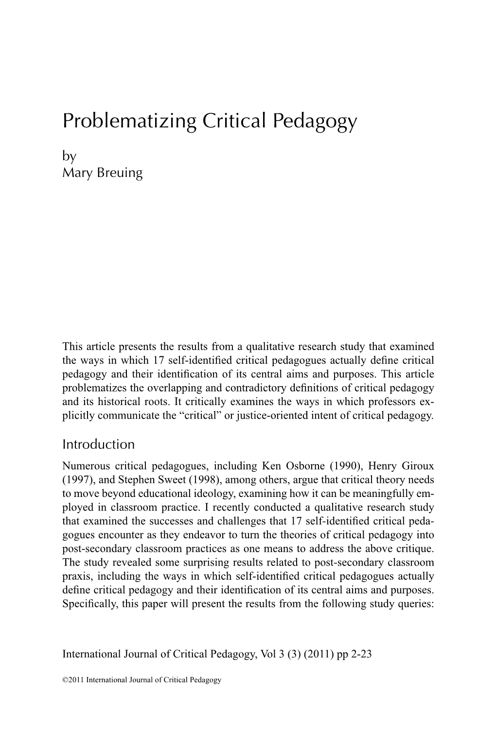 Problematizing Critical Pedagogy by Mary Breuing