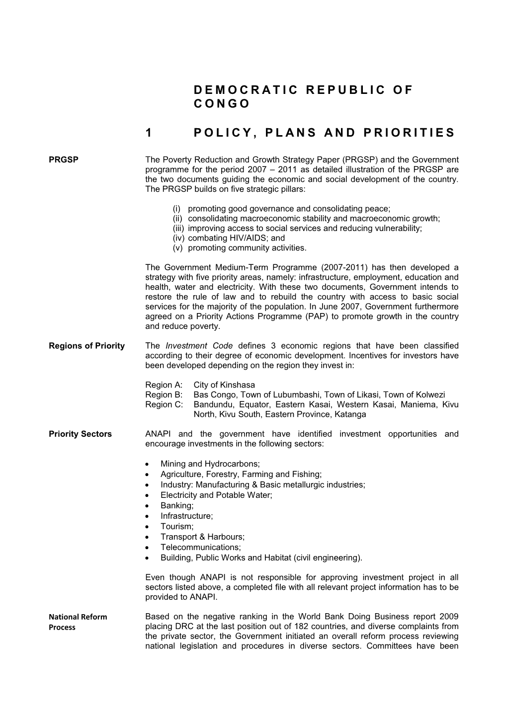 1 Policy, Plans and Priorities s1