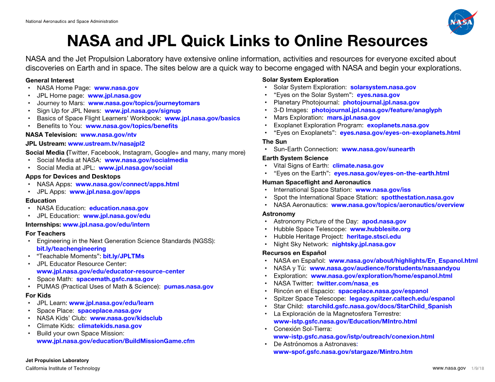 NASA and JPL Quick Links to Online Resources