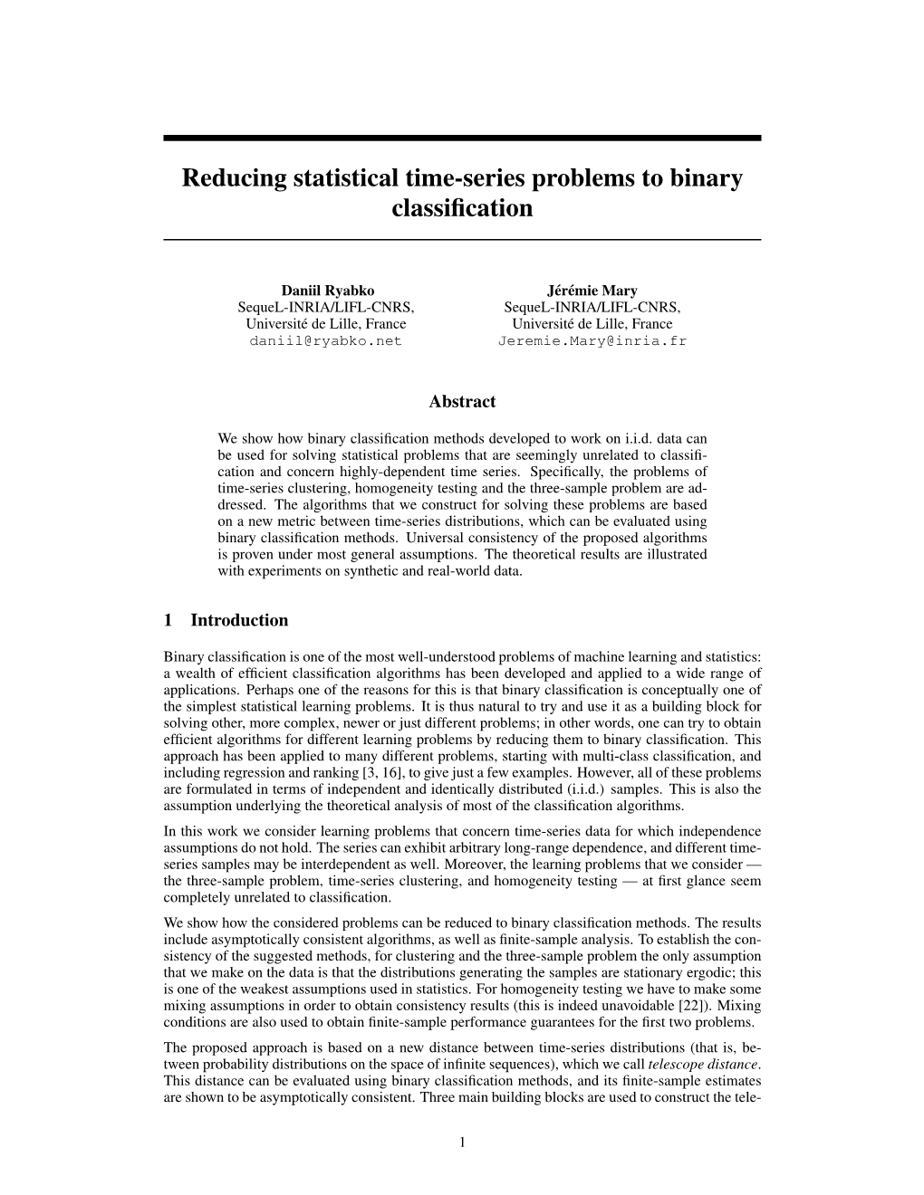 Reducing Statistical Time-Series Problems to Binary Classification