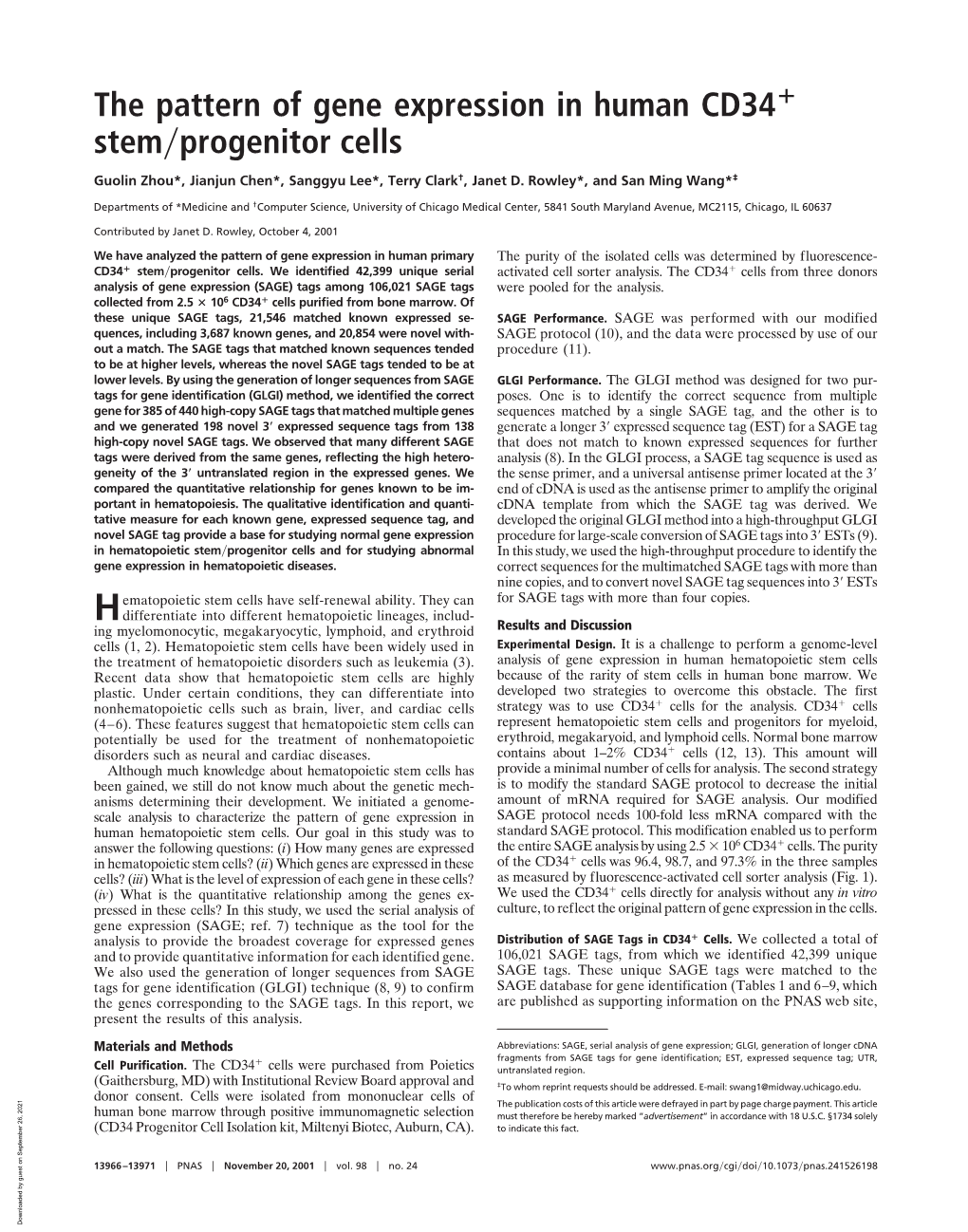 The Pattern of Gene Expression in Human CD34 Stem Progenitor Cells