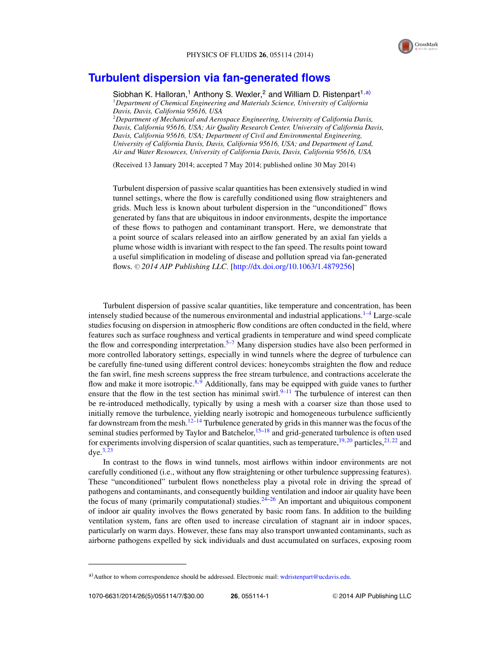 Turbulent Dispersion Via Fan-Generated Flows