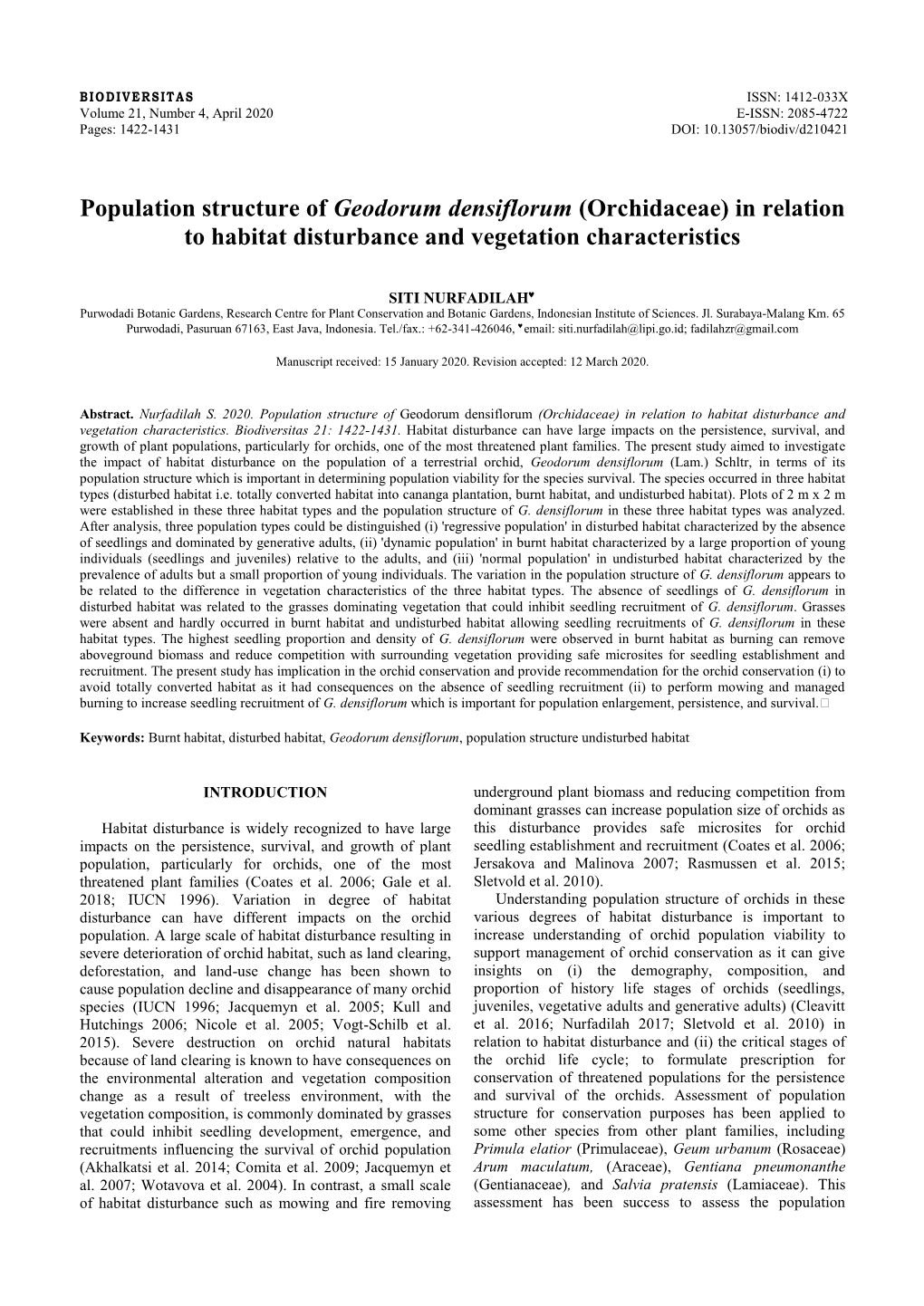 Population Structure of Geodorum Densiflorum (Orchidaceae) in Relation to Habitat Disturbance and Vegetation Characteristics