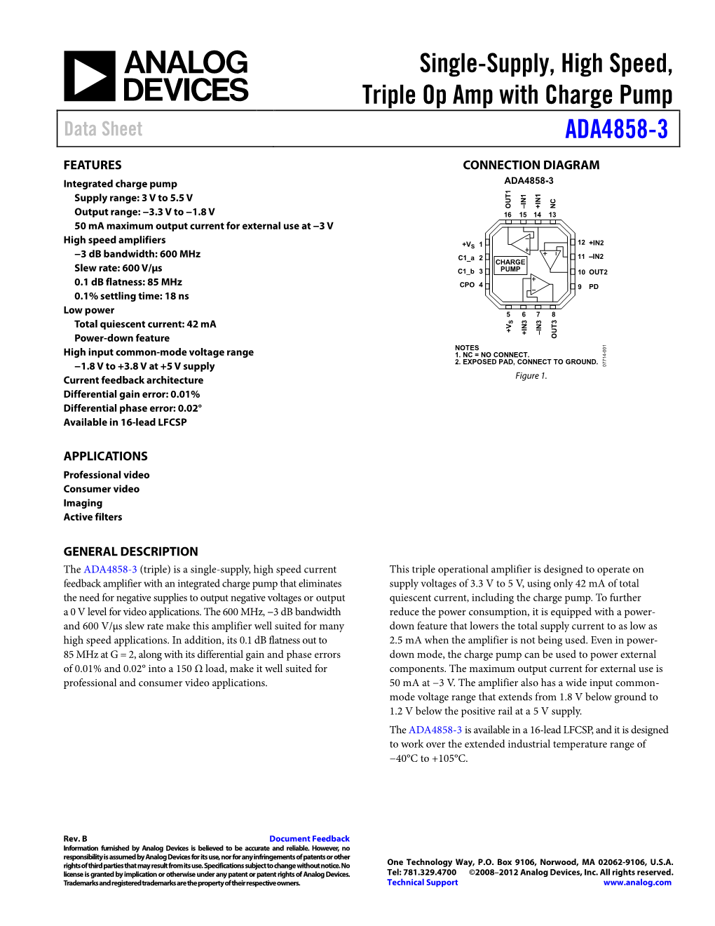 Single-Supply, High Speed, Triple Op Amp with Charge Pump ADA4858-3