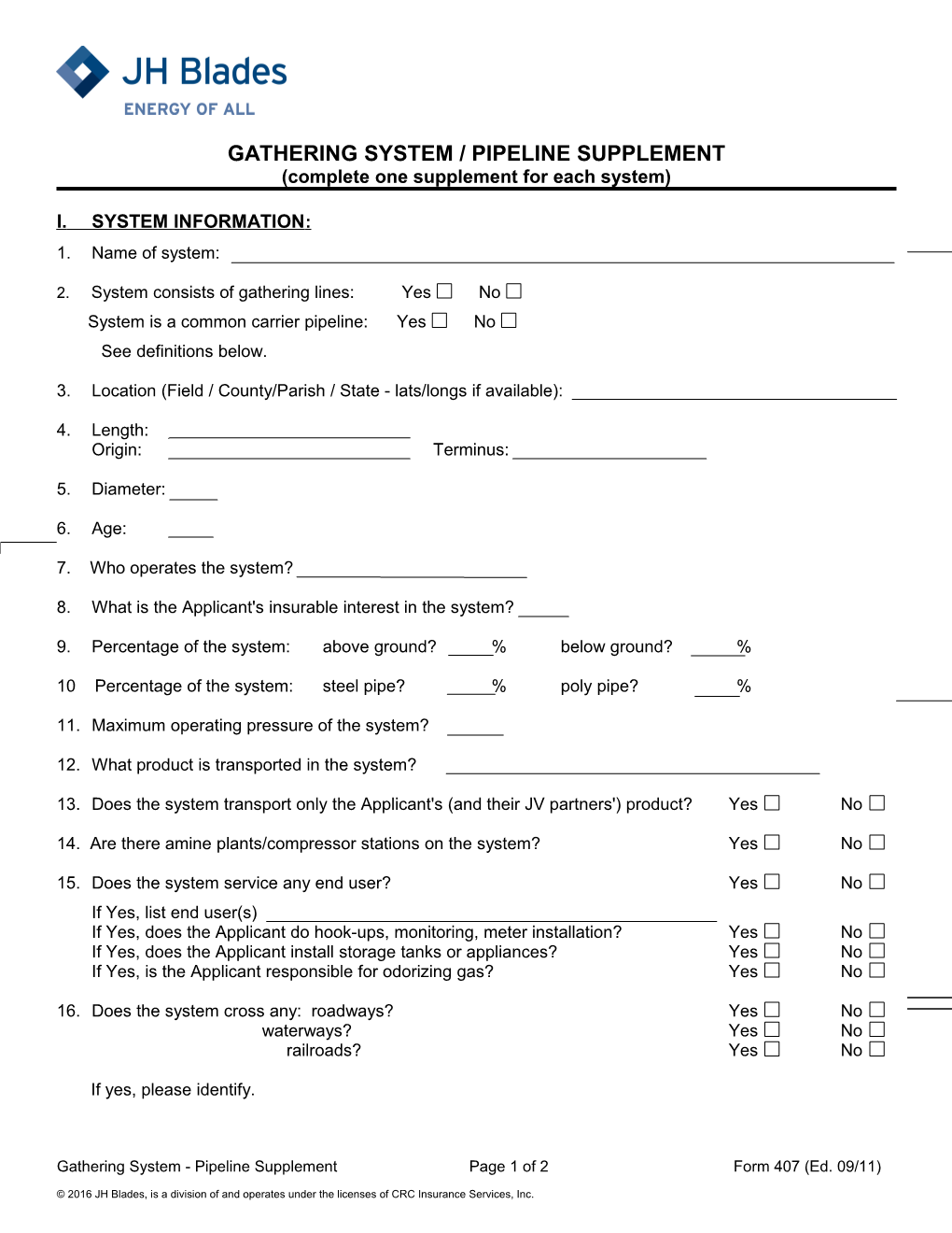 Gathering System / Pipeline Supplement