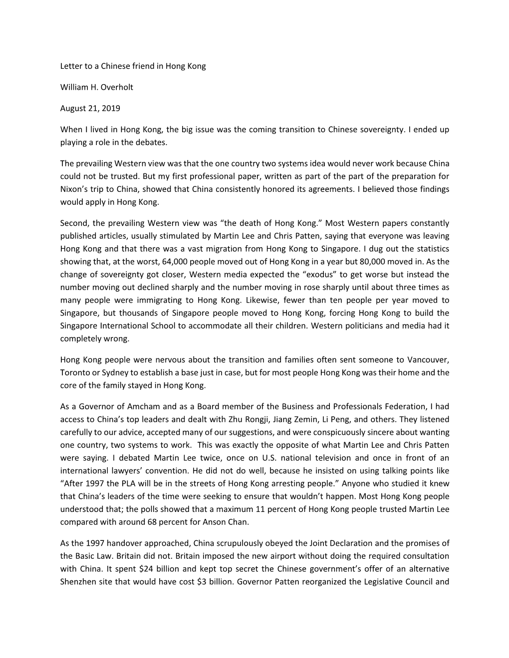 Letter to a Chinese Friend in Hong Kong