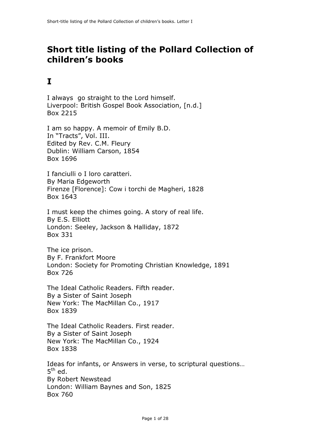 Short Title Listing of the Pollard Collection of Children's Books