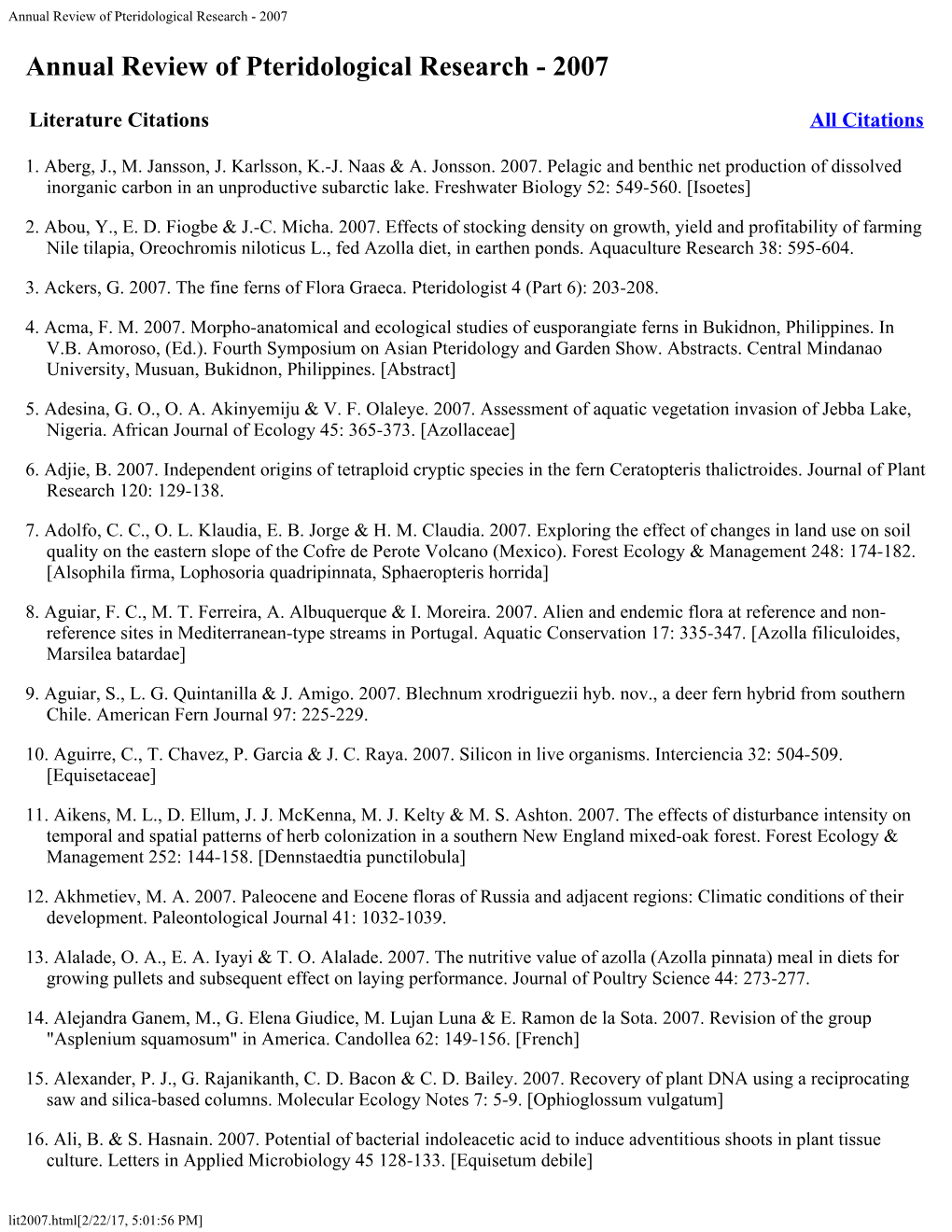 Annual Review of Pteridological Research - 2007