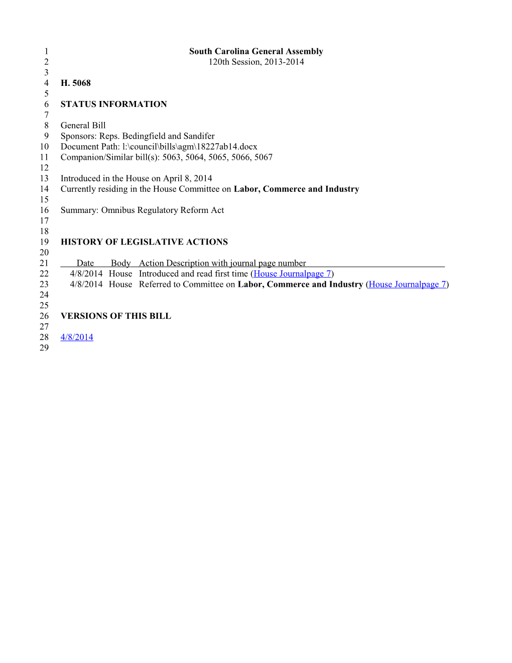 2013-2014 Bill 5068: Omnibus Regulatory Reform Act - South Carolina Legislature Online