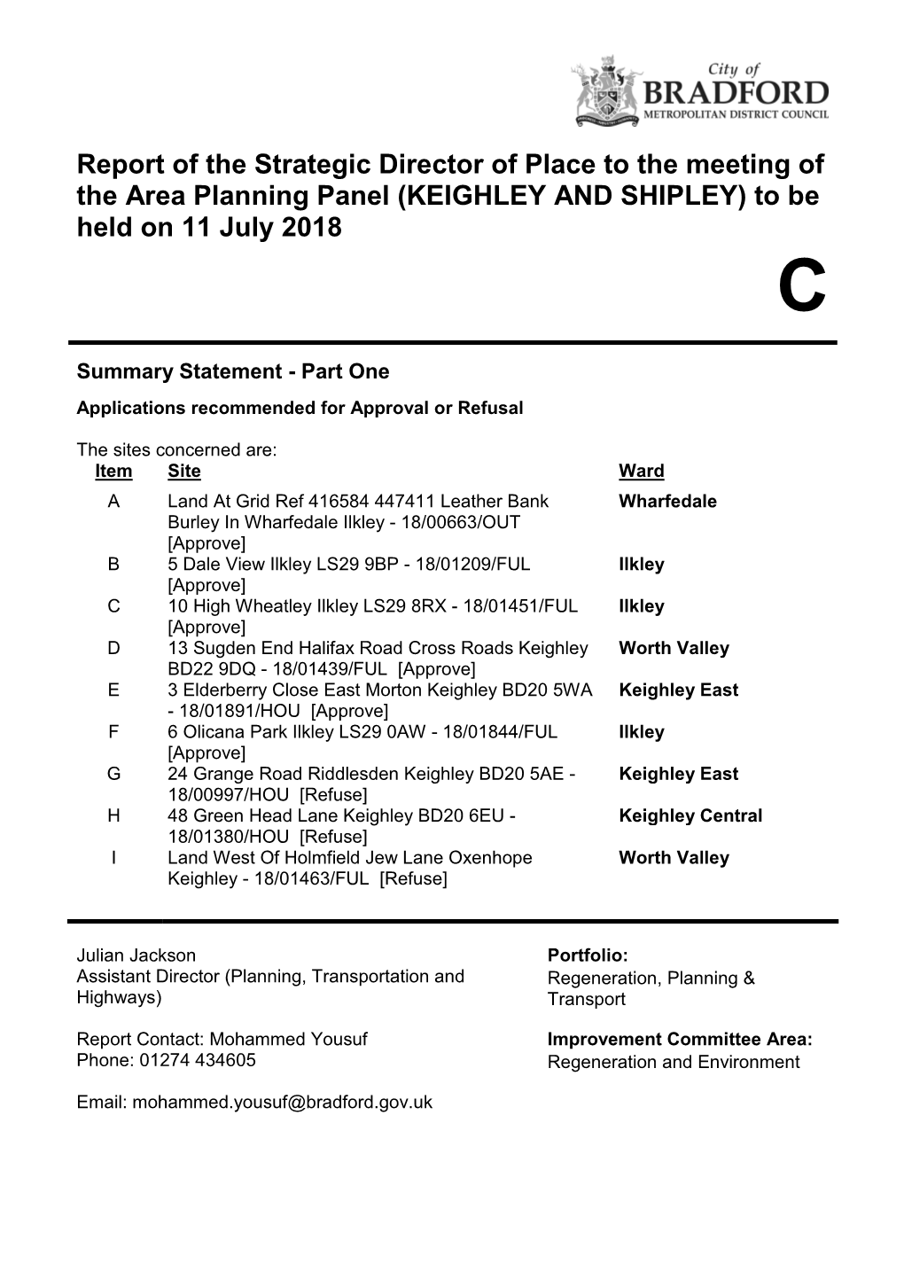 (KEIGHLEY and SHIPLEY) to Be Held on 11 July 2018