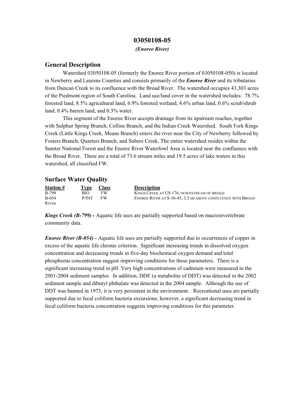 Indian Creek and Enoree River Watersheds (03050108-04, -05)