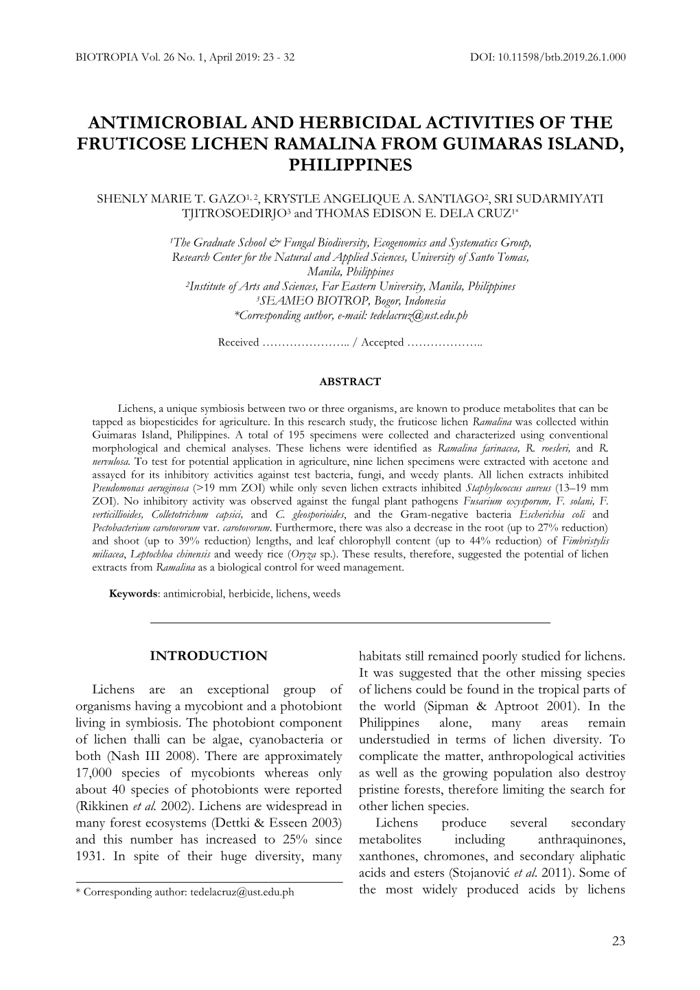 Antimicrobial and Herbicidal Activities of the Fruticose Lichen Ramalina from Guimaras Island, Philippines