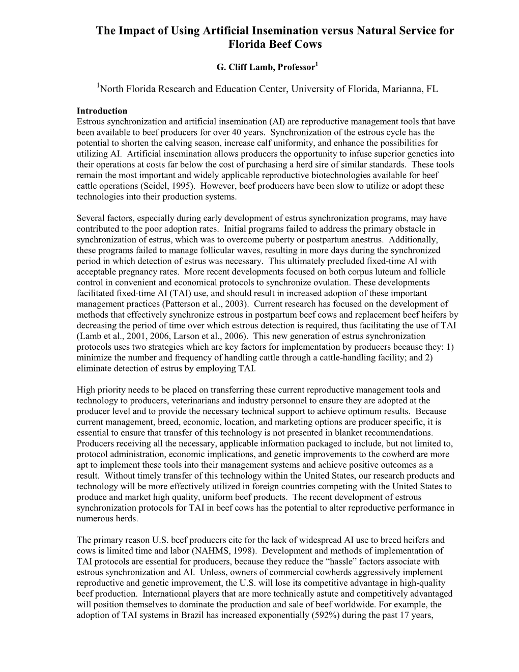 The Impact of Using Artificial Insemination Versus Natural Service for Florida Beef Cows