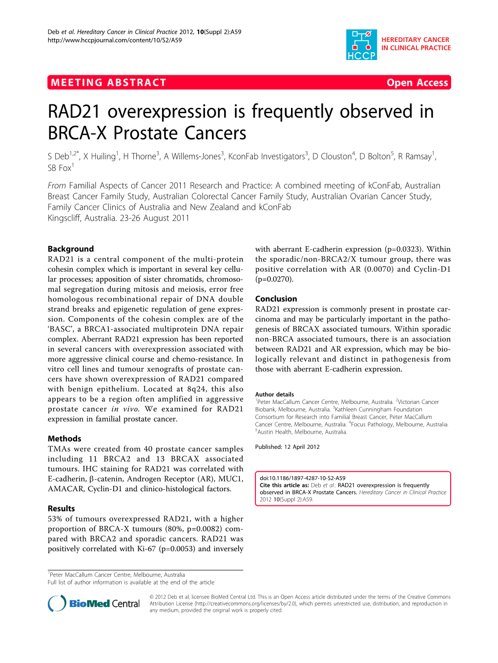 RAD21 Overexpression Is Frequently Observed in BRCA-X Prostate Cancers