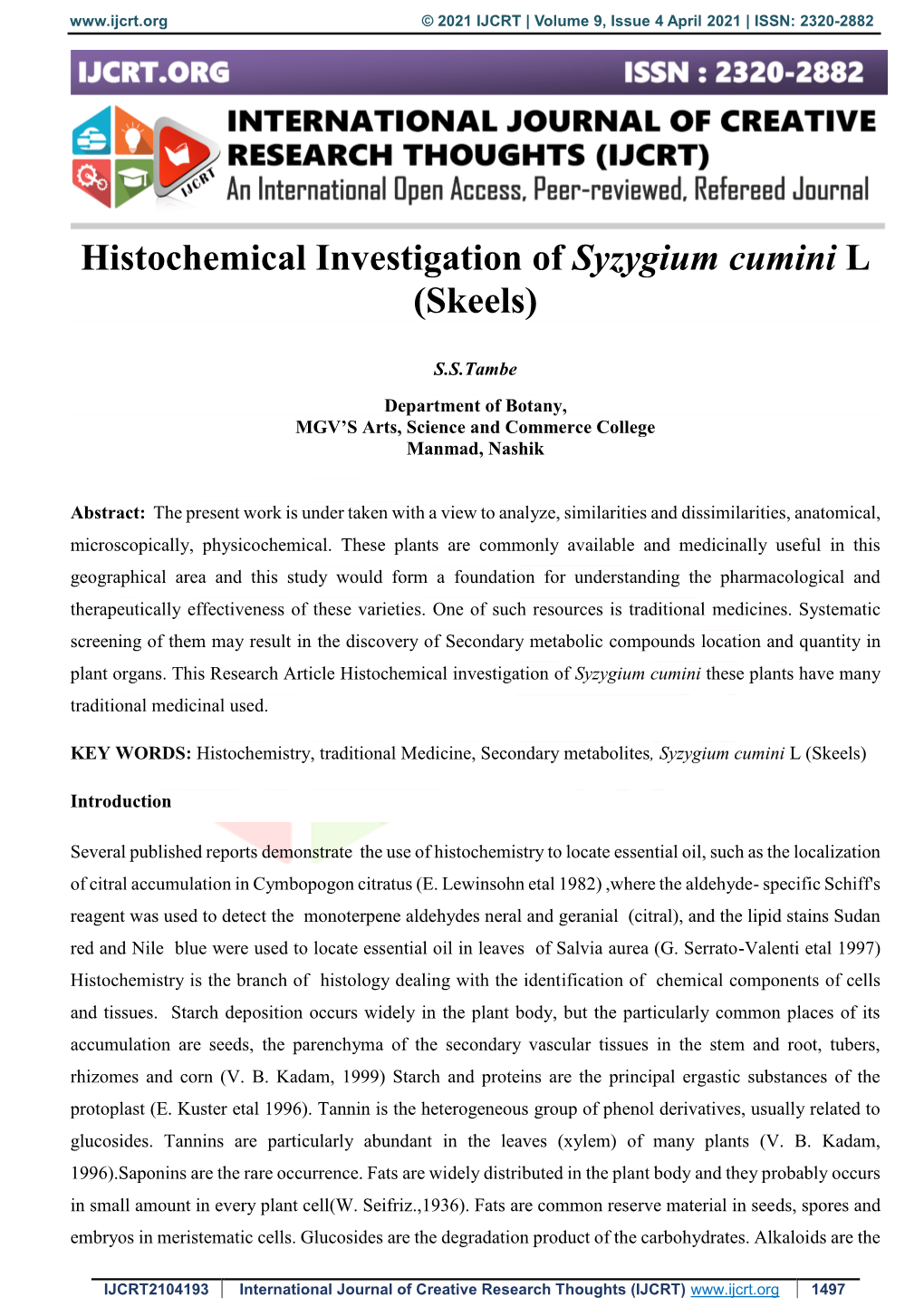 Histochemical Investigation of Syzygium Cumini L (Skeels)