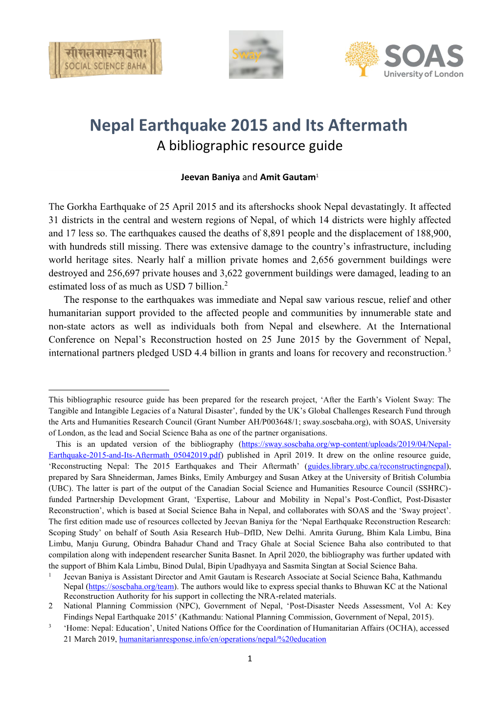 Nepal Earthquake 2015 and Its Aftermath a Bibliographic Resource Guide