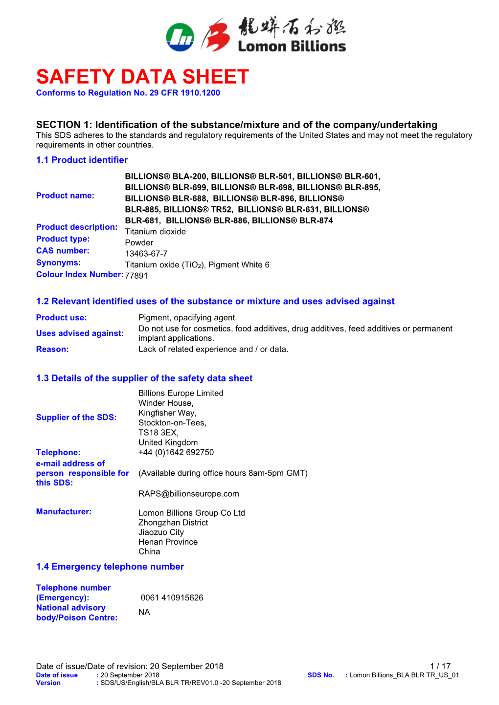 Billions BLR-698 Titanium Dioxide