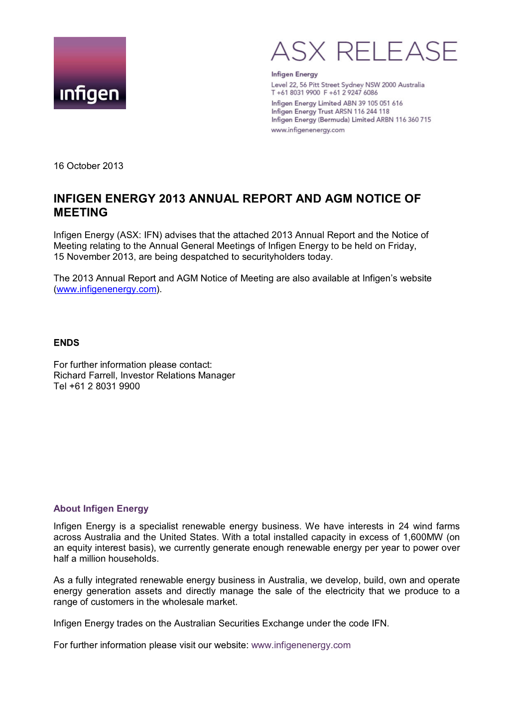 Infigen Energy 2013 Annual Report and Agm Notice of Meeting