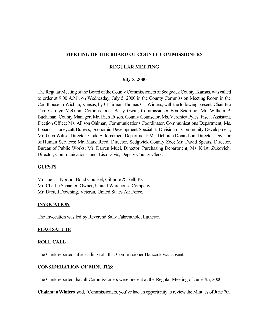 MEETING of the BOARD of COUNTY COMMISSIONERS REGULAR MEETING July 5, 2000 the Regular Meeting of the Board of the County Commiss