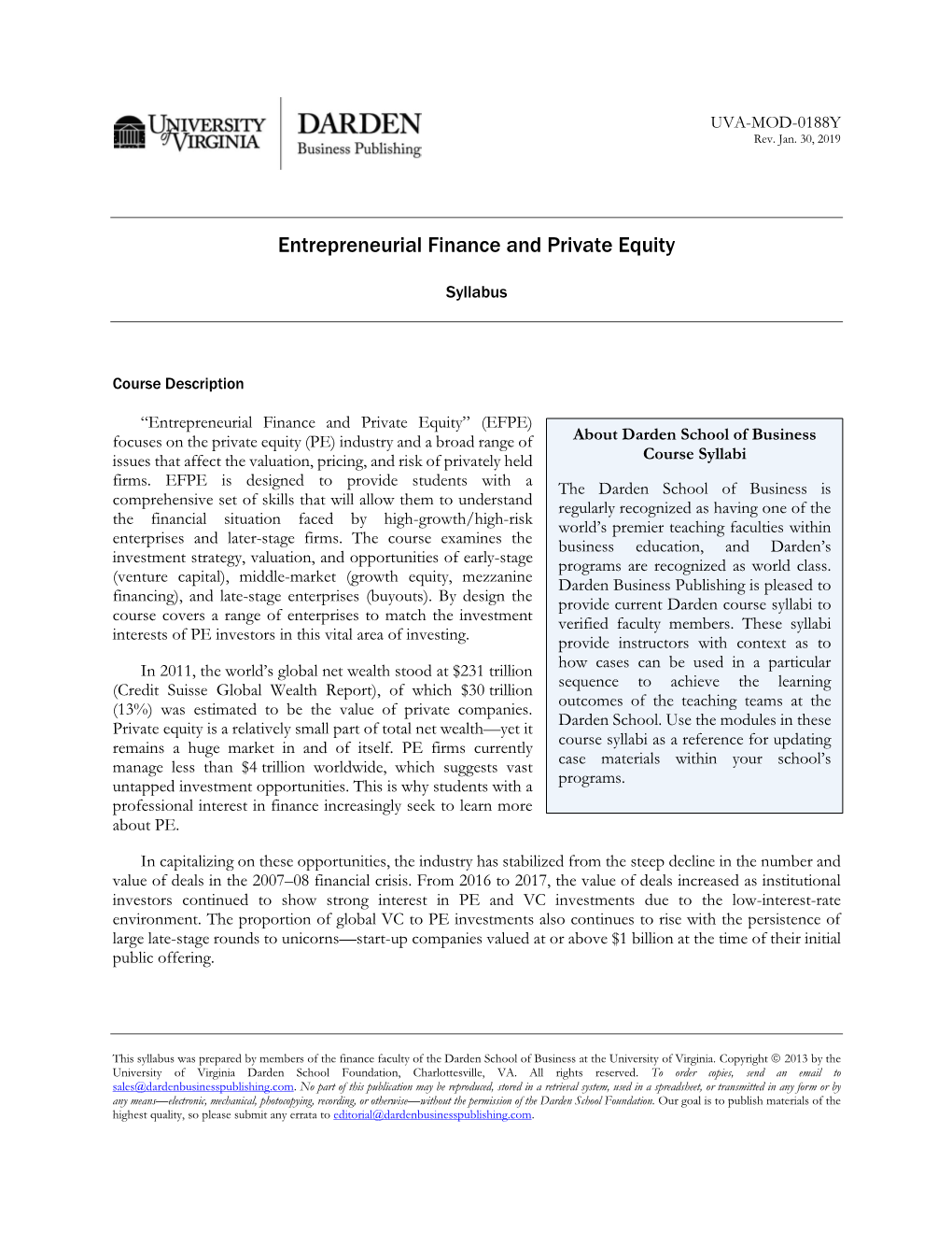 Entrepreneurial Finance and Private Equity