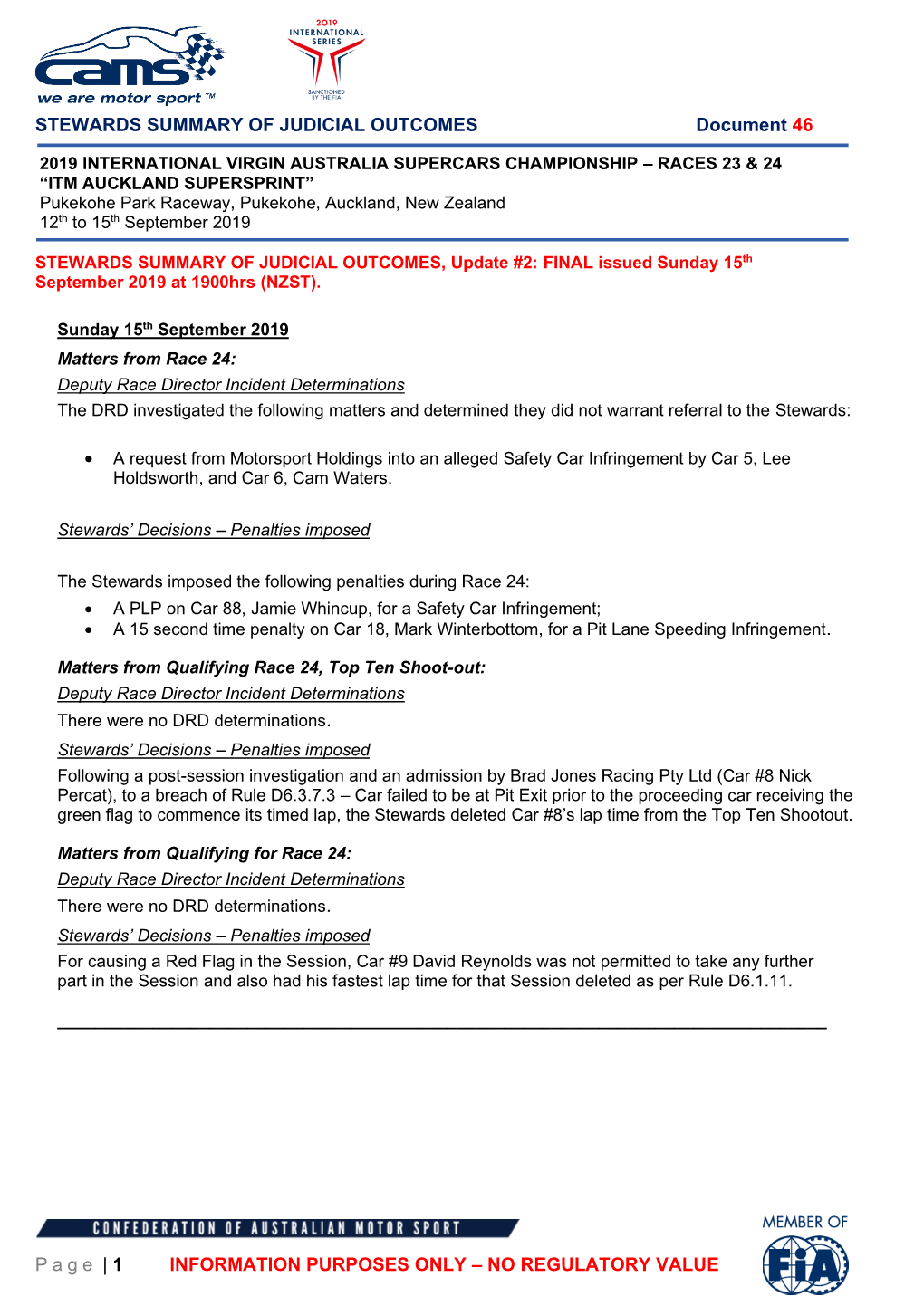 STEWARDS SUMMARY of JUDICIAL OUTCOMES Document 46