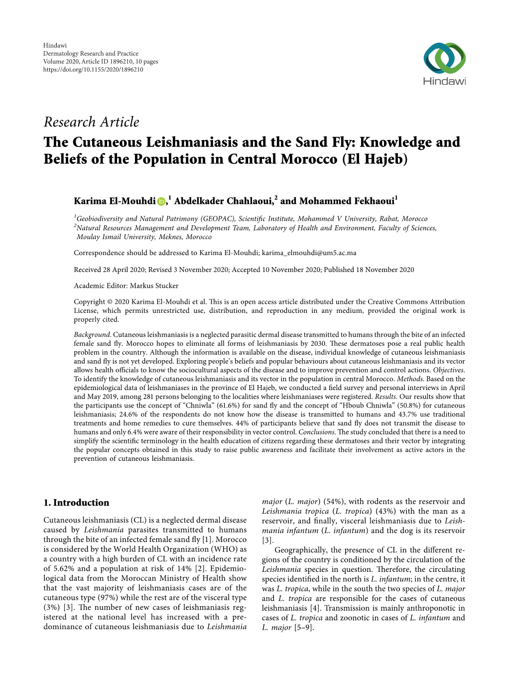 The Cutaneous Leishmaniasis and the Sand Fly: Knowledge and Beliefs of the Population in Central Morocco (El Hajeb)