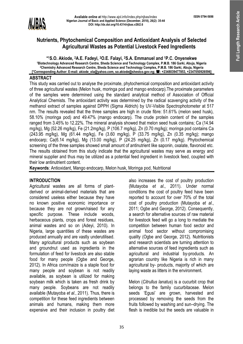 Nutrients, Phytochemical Composition and Antioxidant Analysis of Selected Agricultural Wastes As Potential Livestock Feed Ingredients