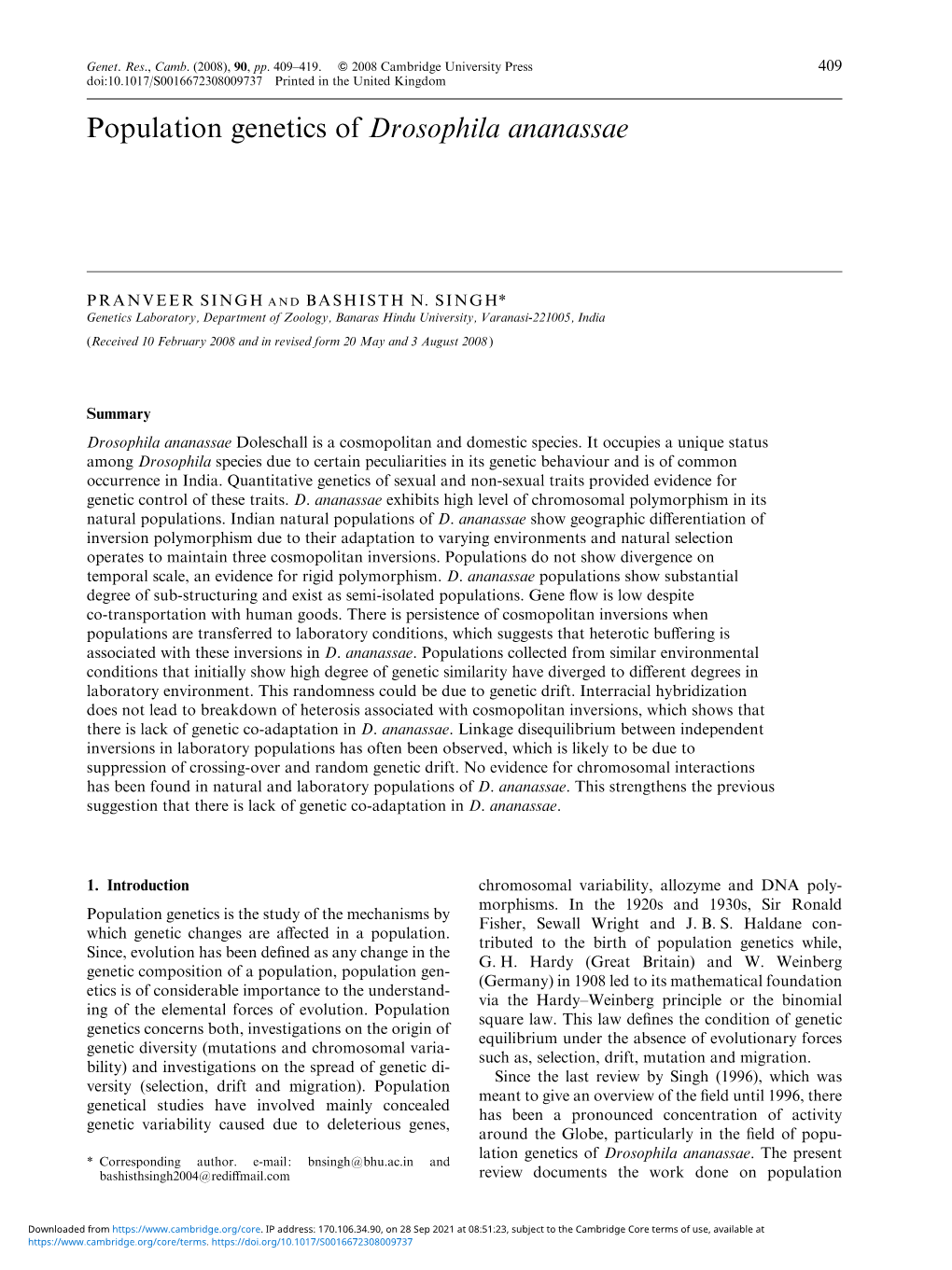 Population Genetics of Drosophila Ananassae