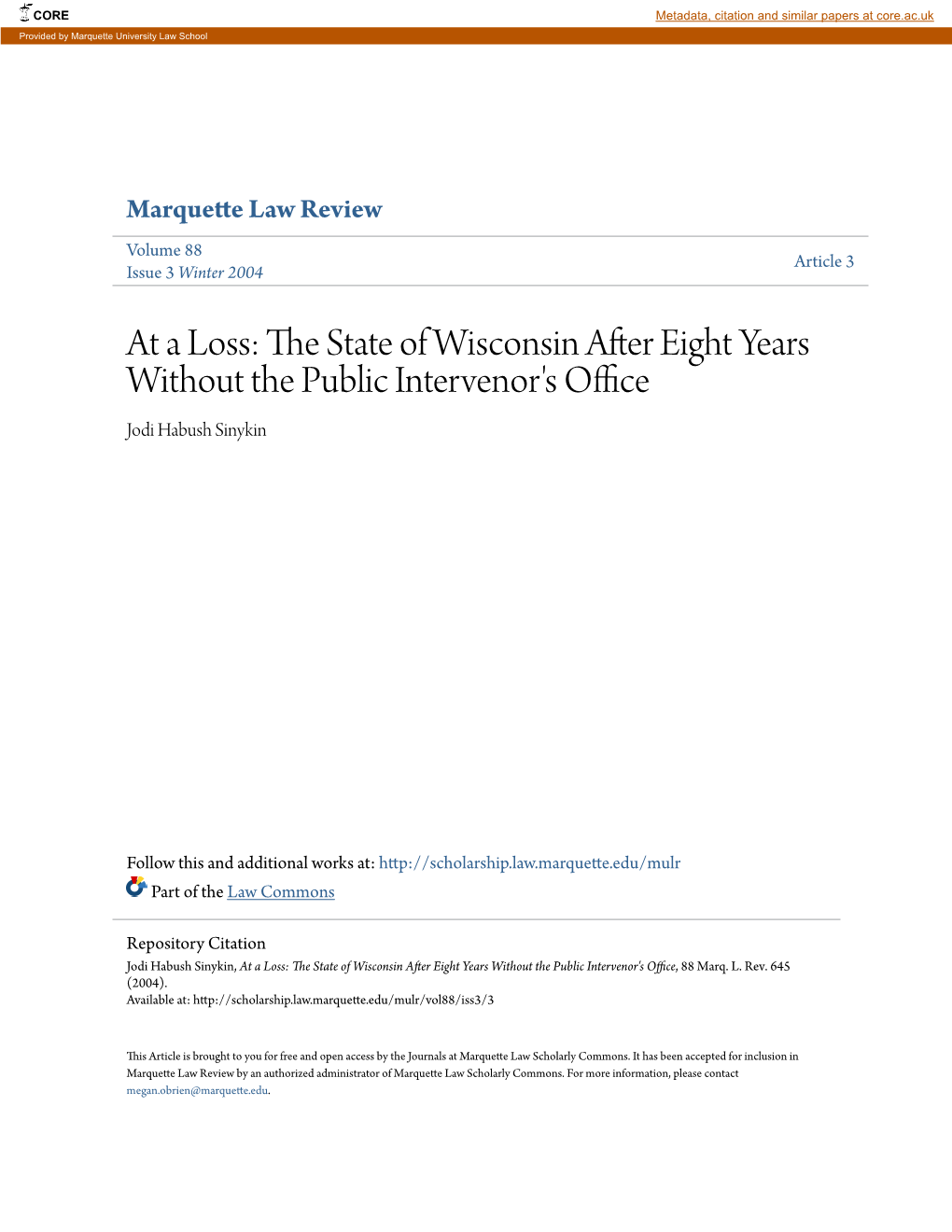 The State of Wisconsin After Eight Years Without the Public Intervenor's Office, 88 Marq