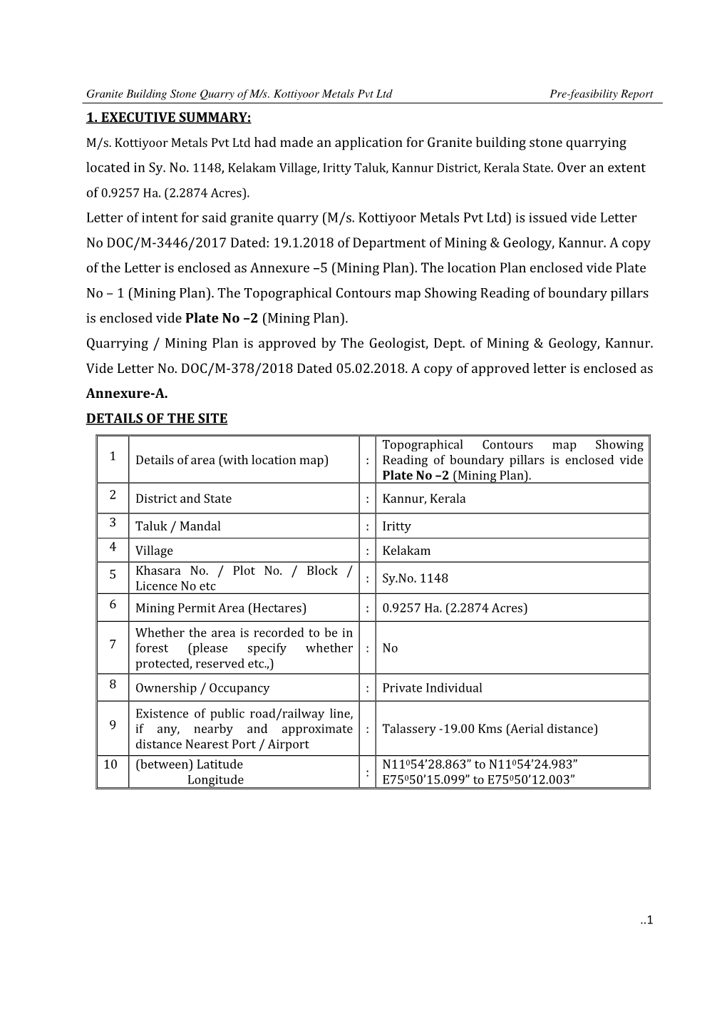 M/S. Kottiyoor Metals Pvt Ltd Had Made an Application for Granite Building Stone Quarrying Located in Sy