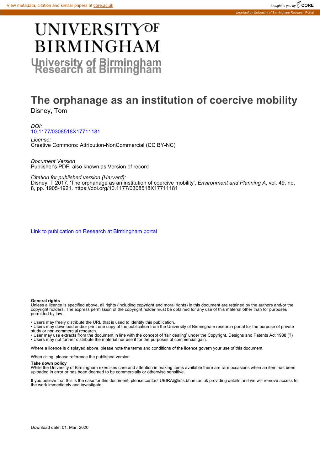 The Orphanage As an Institution of Coercive Mobility Disney, Tom