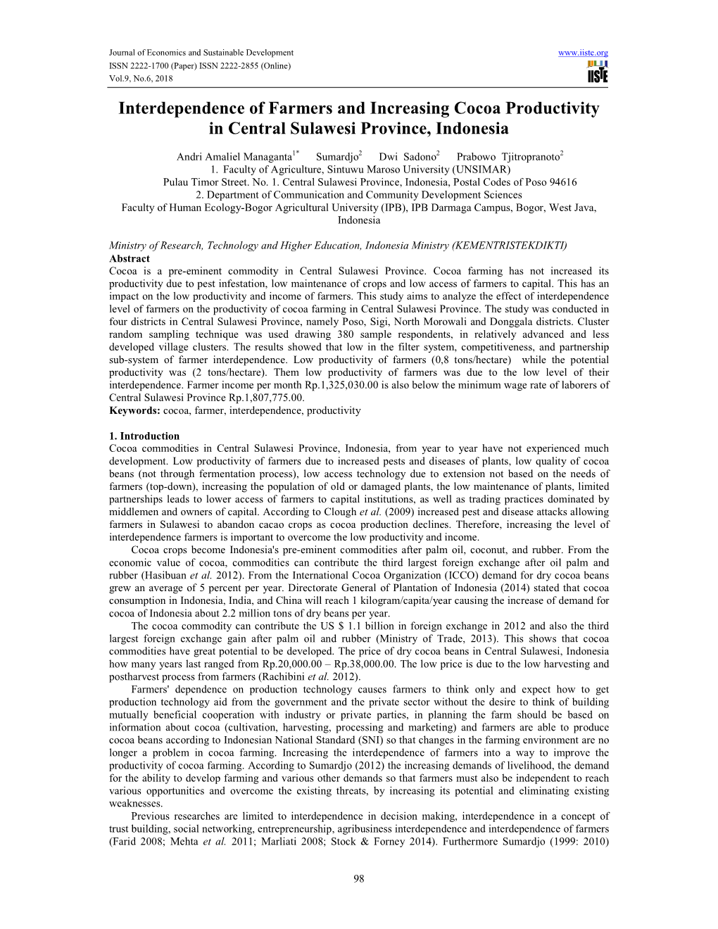 Interdependence of Farmers and Increasing Cocoa Productivity in Central Sulawesi Province, Indonesia