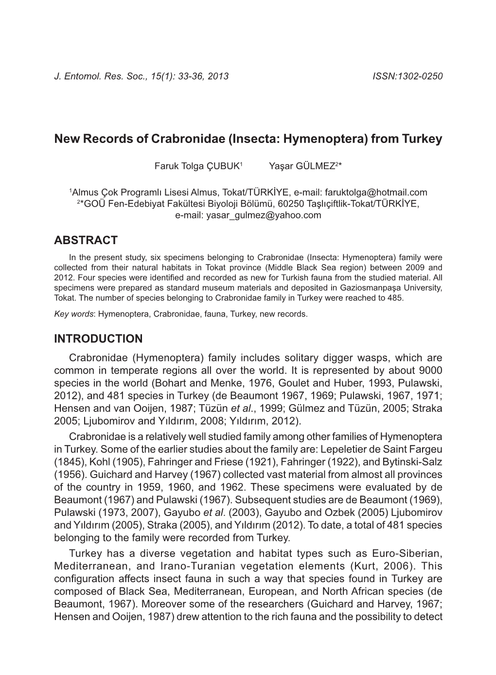 New Records of Crabronidae (Insecta: Hymenoptera) from Turkey