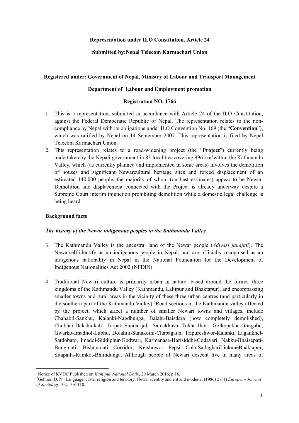 1 Representation Under ILO Constitution, Article 24 Submitted