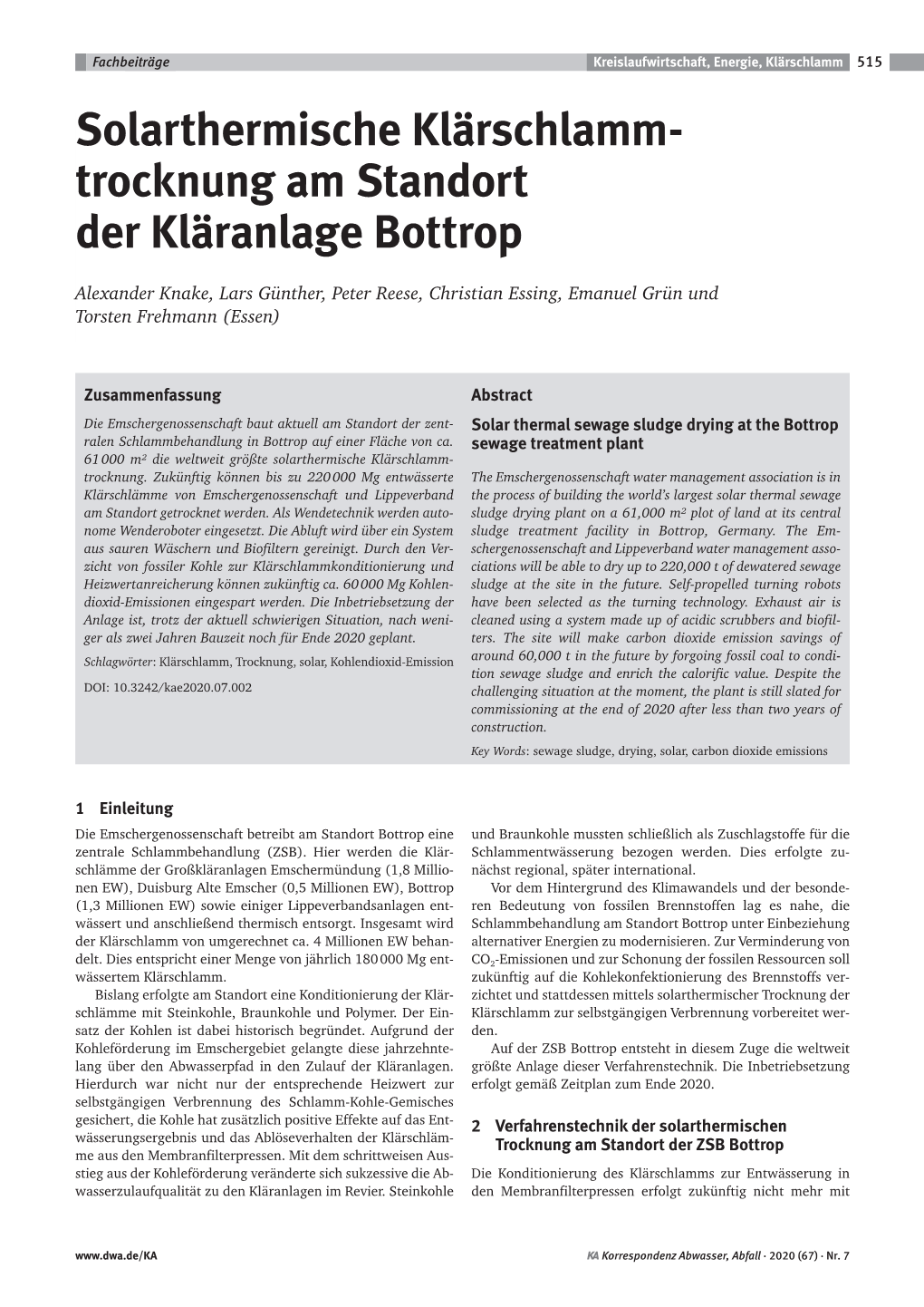 Solarthermische Klärschlamm- Trocknung Am Standort Der Kläranlage Bottrop