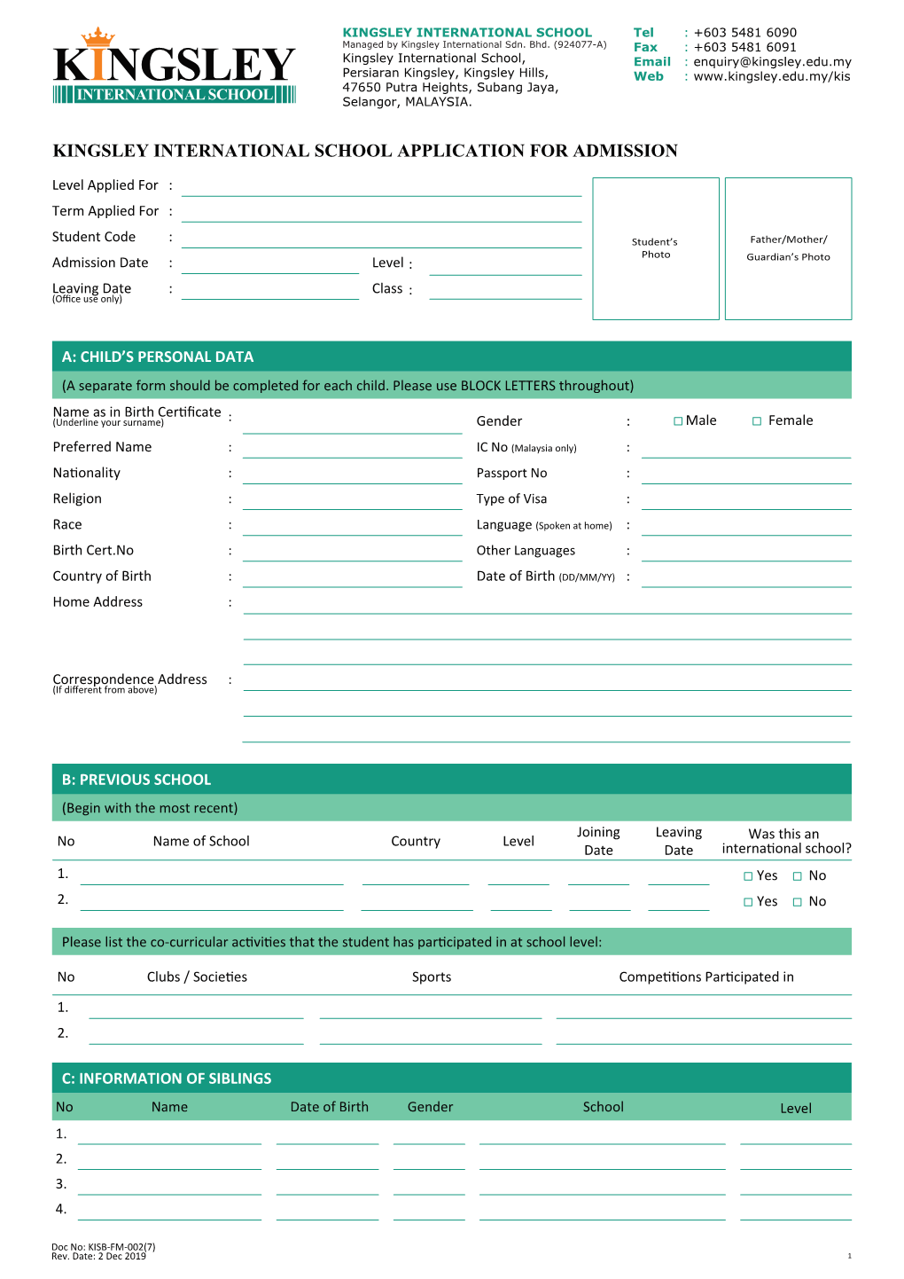 Kingsley Admission Form-2 Dec 19