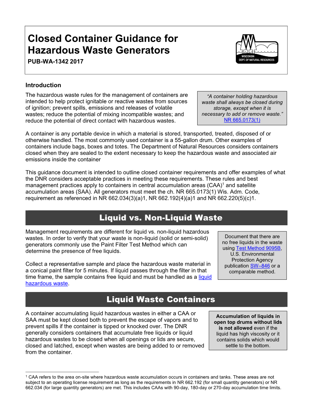 Closed Container Guidance for Hazardous Waste Generators PUB-WA-1342 2017