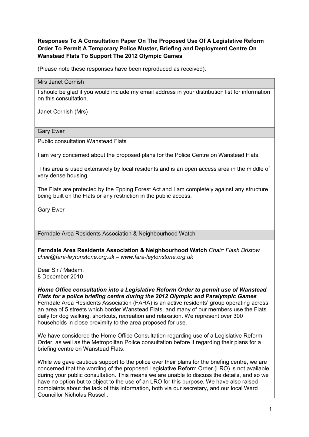 Wanstead Flat Consultation Responses