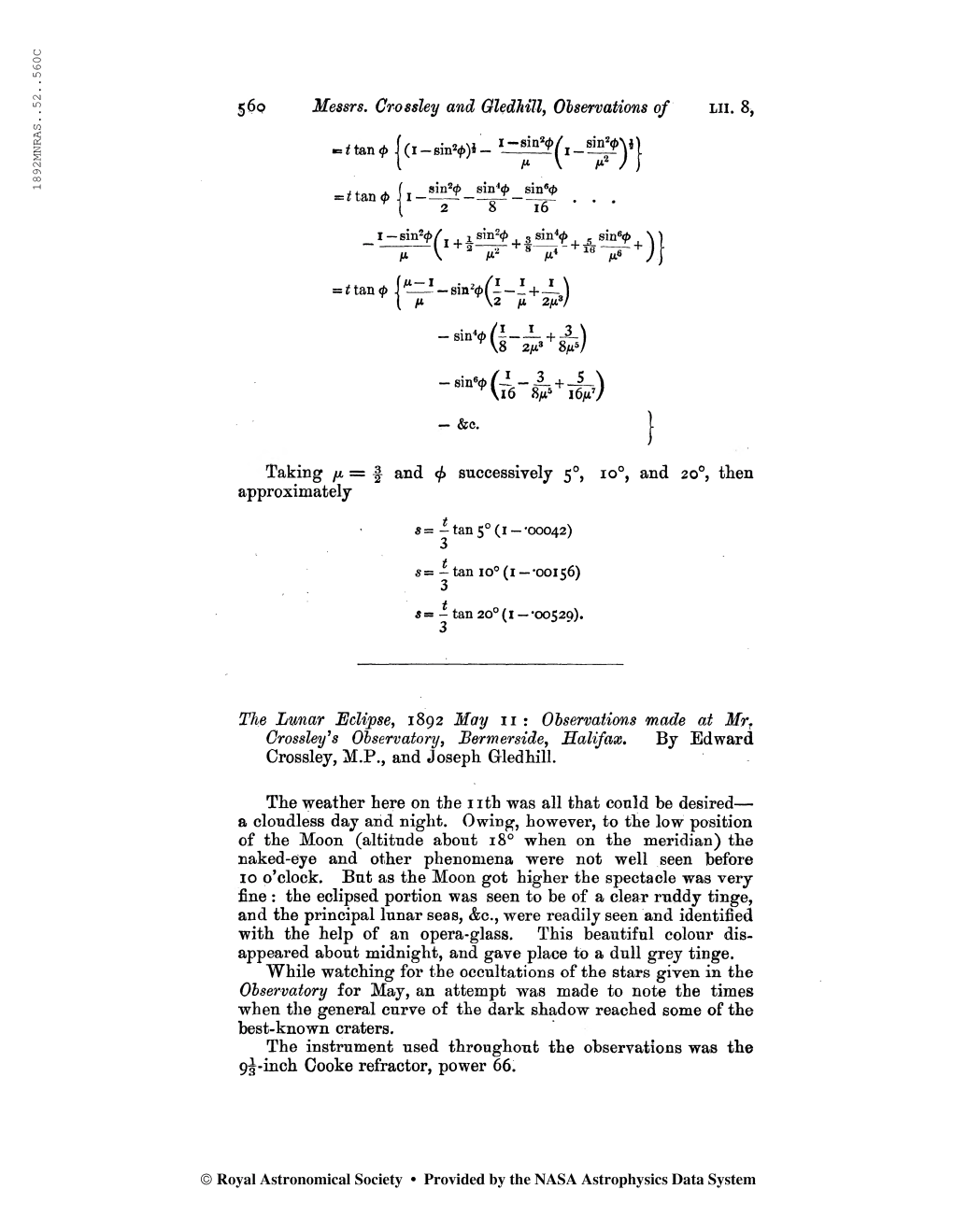 18 92MNRAS. .52. .560C LU. 8, 56P Messrs. Crossley And