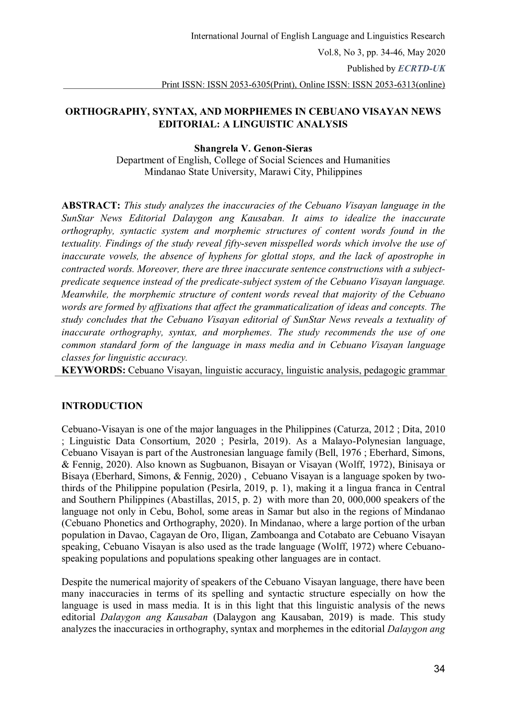 34 Orthography, Syntax, and Morphemes in Cebuano