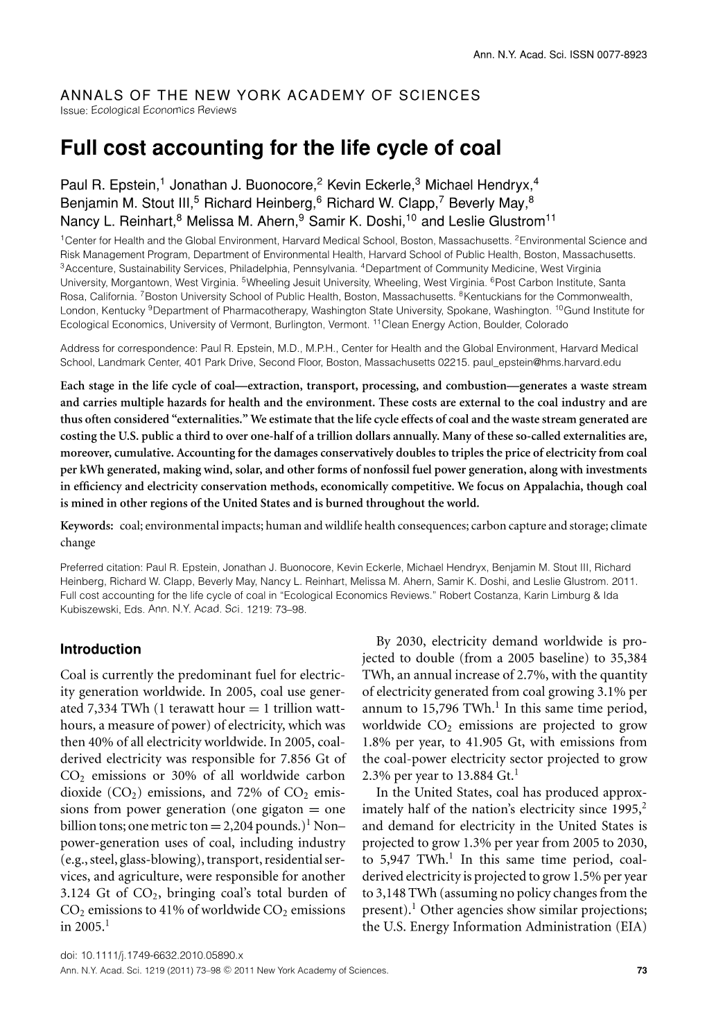 Full Cost Accounting for the Life Cycle of Coal – Epstein