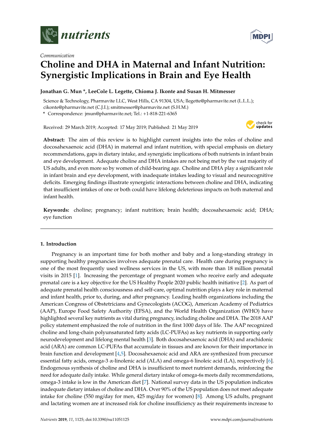 Choline and DHA in Maternal and Infant Nutrition: Synergistic Implications in Brain and Eye Health