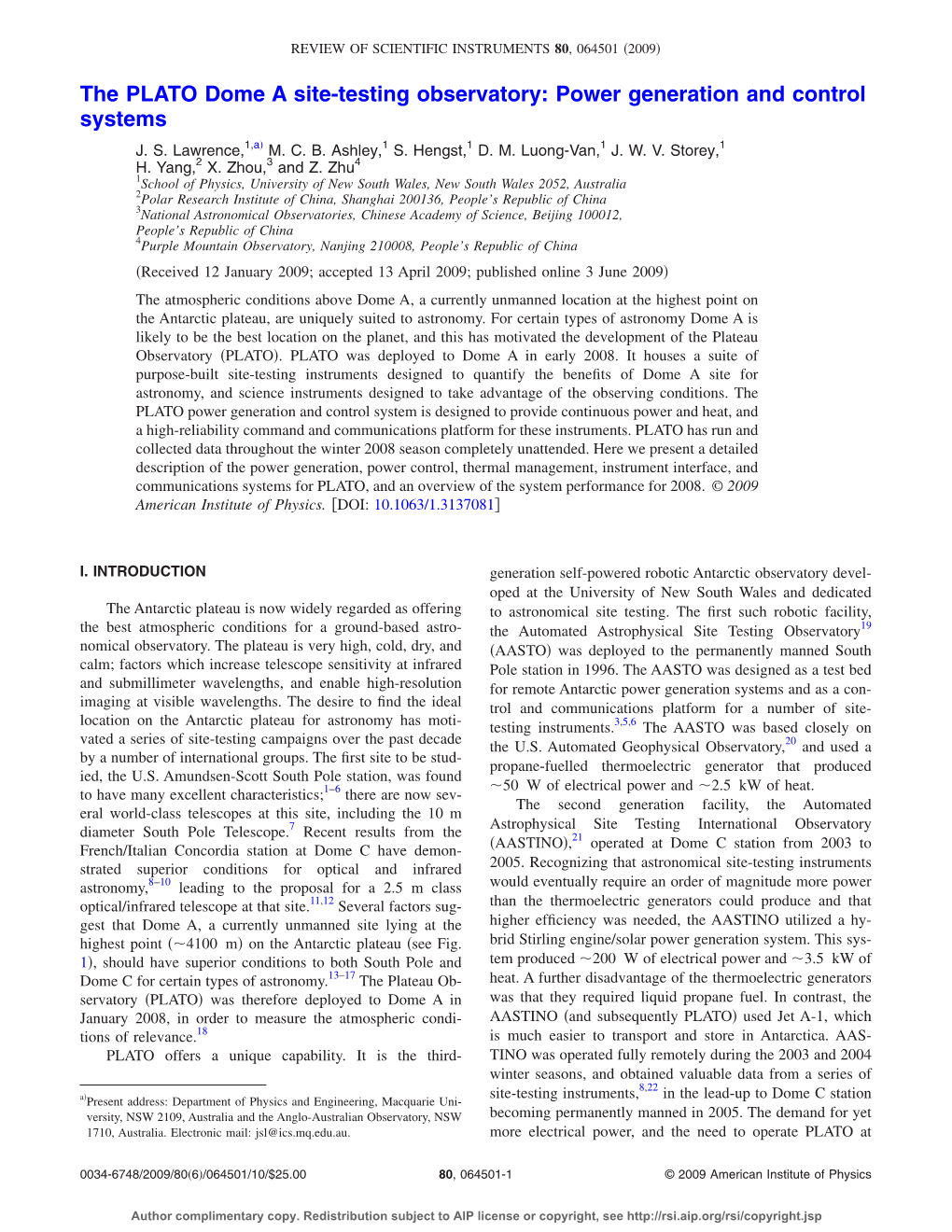 The PLATO Dome a Site-Testing Observatory: Power Generation and Control Systems ͒ J