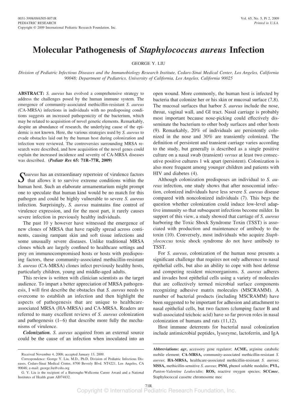 Molecular Pathogenesis of Staphylococcus Aureus Infection