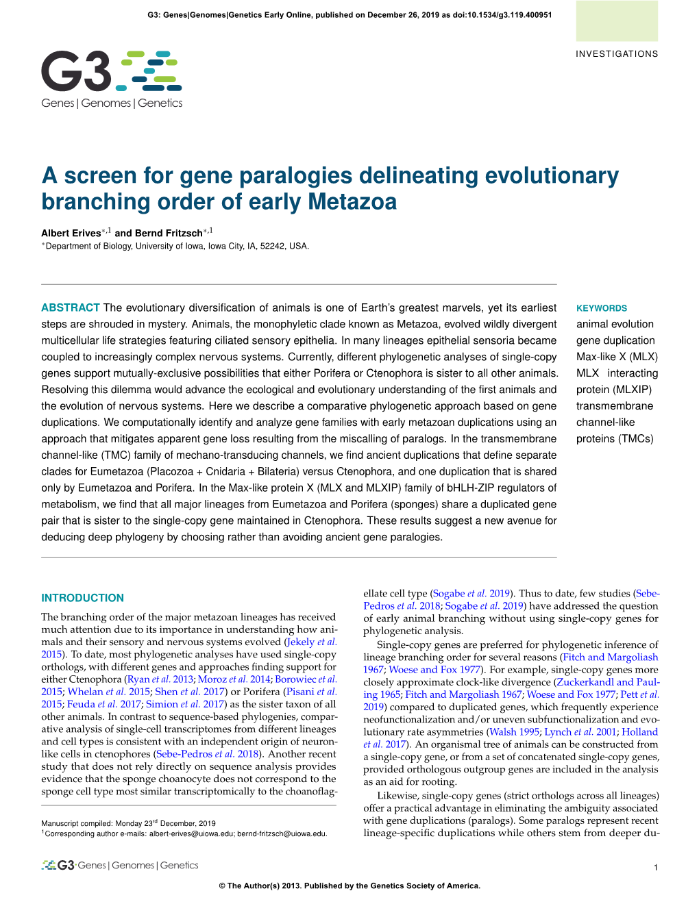 A Screen for Gene Paralogies Delineating Evolutionary Branching Order of Early Metazoa